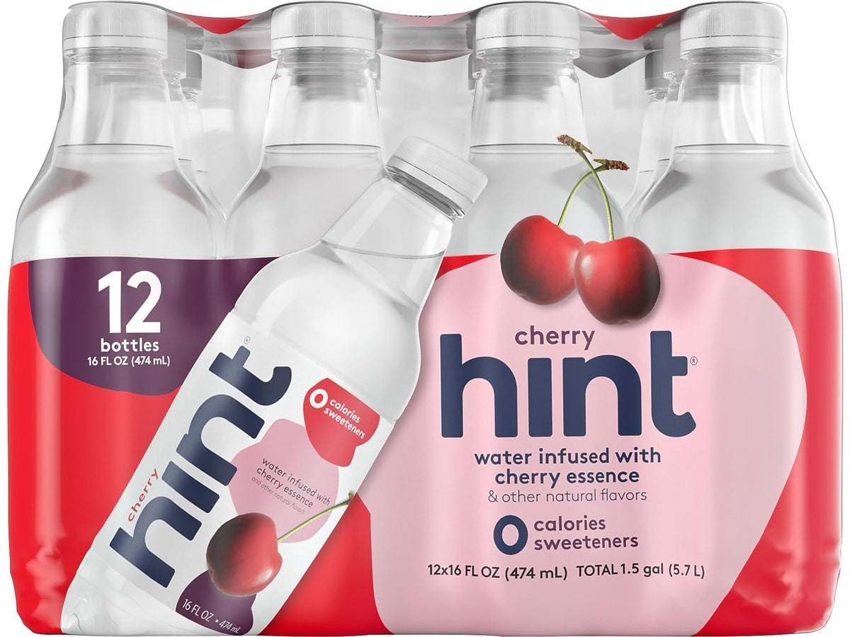 Hint Flavored Water Cherry bottle front view, zero-calorie refreshment for on-the-go hydration.