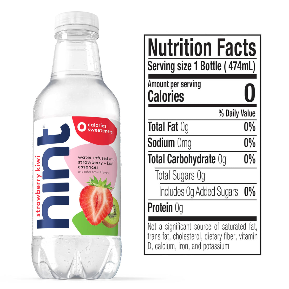 Label close-up reveals real fruit essences in Hint strawberry kiwi