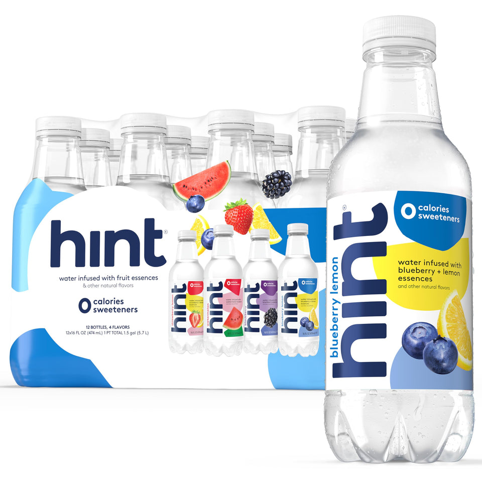 Hint fruit-infused water 12-pack case on display, zero sugar hydration for everyday refreshment.