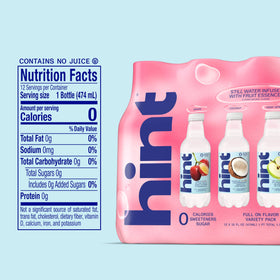 Hint water bottle label displays natural flavors and no artificial sweeteners.