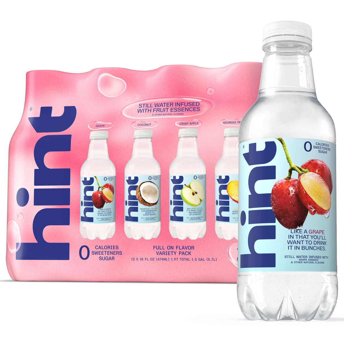Hint fruit-infused water 4-flavor red variety pack, front view showing zero sugar hydration.