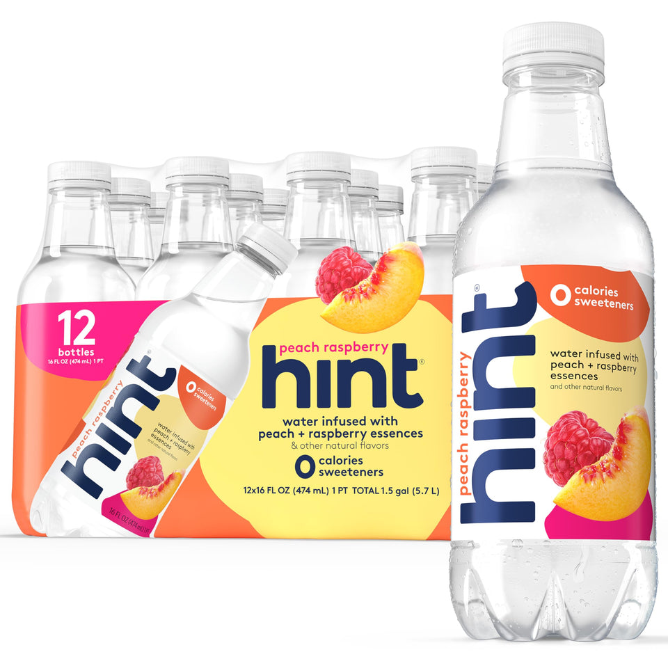 Hint Peach Raspberry bottle with real fruit essence for refreshing zero-calorie hydration.