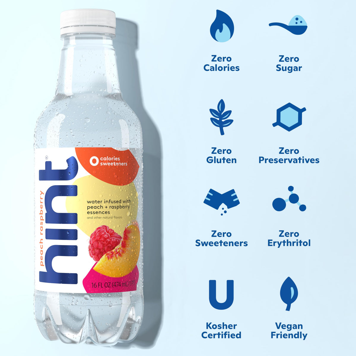 Close-up of Hint label shows natural flavors and zero sugar benefits.