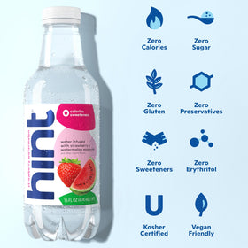Hint case of 12 fruit-infused water bottles featuring strawberry watermelon flavor for on-the-go hydration