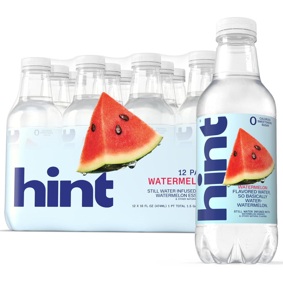 Hint Watermelon fruit-infused water bottle front view showing zero calories