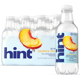 Hint Georgia Peach bottle side view highlights zero sugar, natural fruit flavor for refreshing hydration.