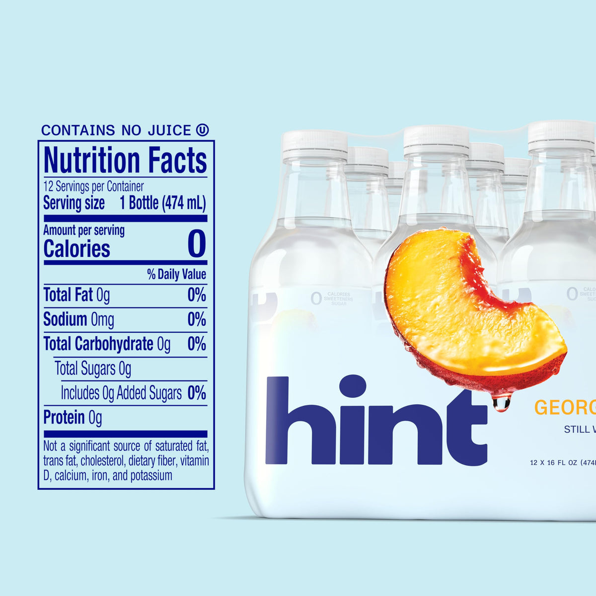 Hint Georgia Peach glass ready to drink highlights vegan, gluten-free, kosher hydration options.