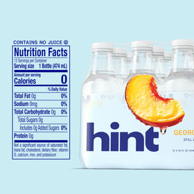 Hint Georgia Peach glass ready to drink highlights vegan, gluten-free, kosher hydration options.