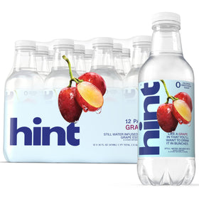 Hint grape fruit-infused water bottle closeup shows zero calories and refreshing taste
