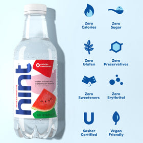 Hint Infused Bottled Water label close-up highlights real fruit essences and clean, sugar-free flavor