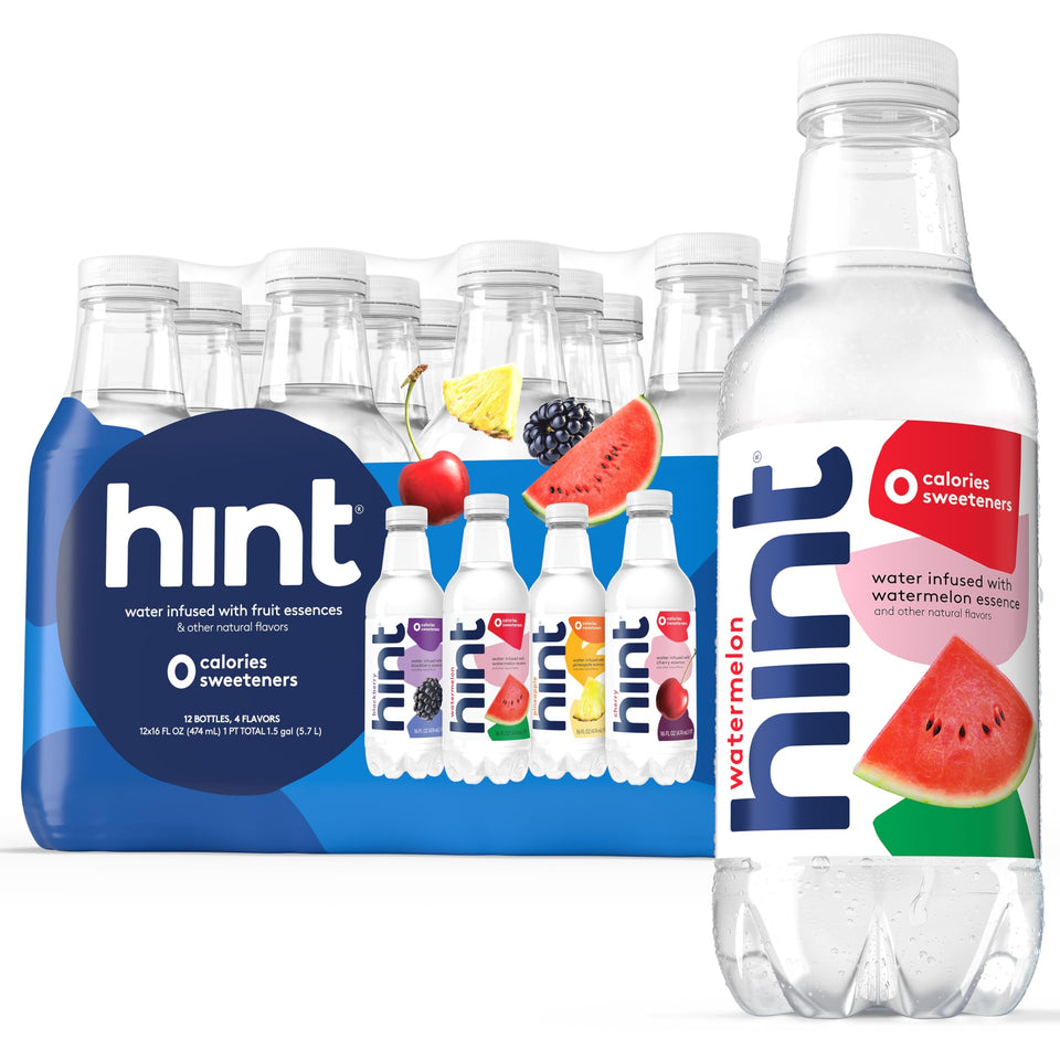 Hint Infused Bottled Water case with 12 zero-calorie bottles for convenient, tasty hydration on the go