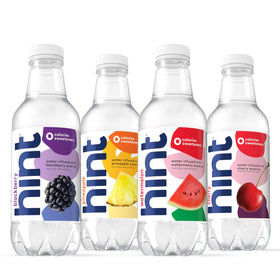 Hint Infused Bottled Water glass and bottle pair suggests crave-worthy hydration