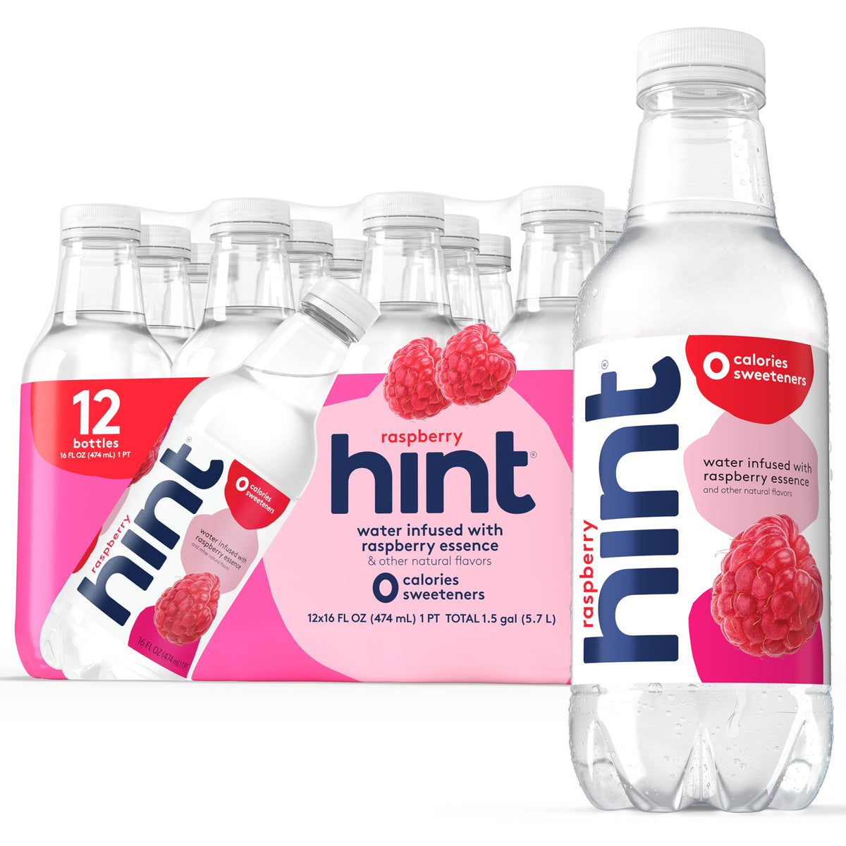 Hint Raspberry flavored water bottle front label highlights zero calories hydration option.