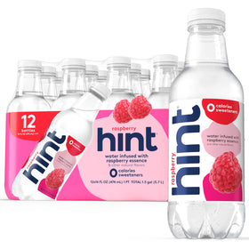 Hint Raspberry flavored water bottle front label highlights zero calories hydration option.