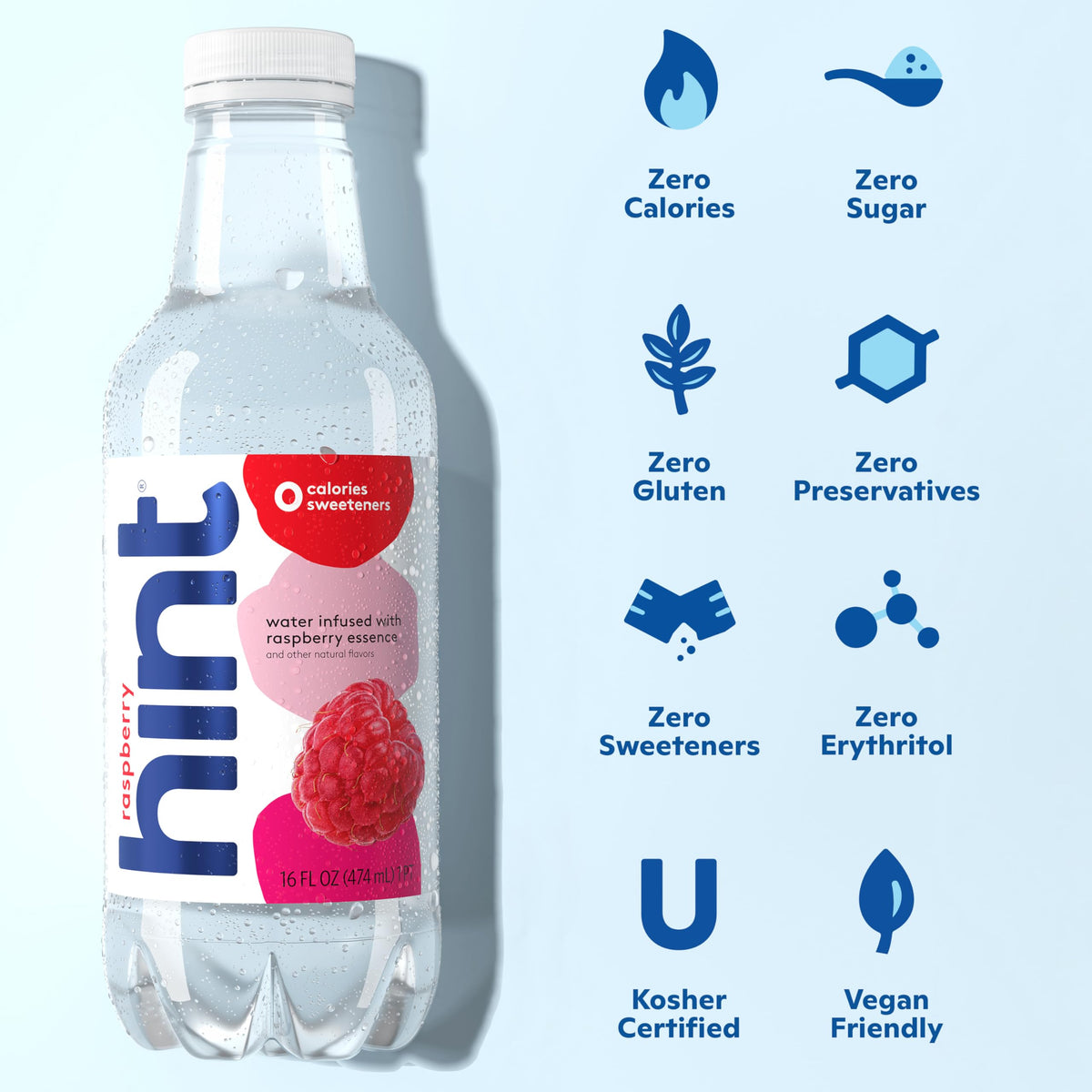Hint Raspberry bottle pours into glass, showcasing refreshing, sugar-free hydration.