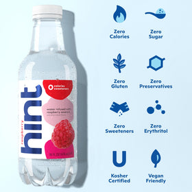Hint Raspberry bottle pours into glass, showcasing refreshing, sugar-free hydration.