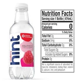 Pack of Hint Raspberry flavored water bottles illustrates convenient 12 pack for travel.