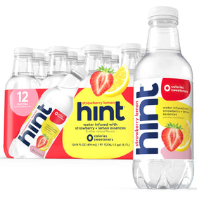 Hint Strawberry Lemon bottle close-up showing real fruit essence for zero-calorie hydration.