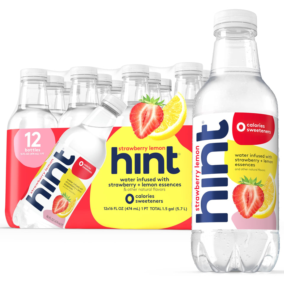 Hint Strawberry Lemon bottle close-up showing real fruit essence for zero-calorie hydration.