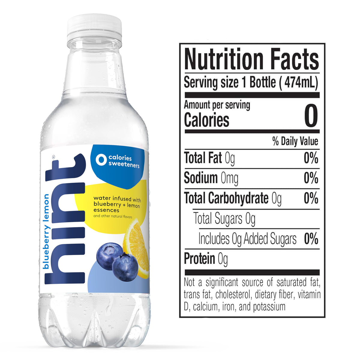 Hint zero sugar label close-up highlighting no calories and no artificial sweeteners.