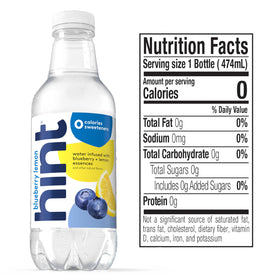 Hint zero sugar label close-up highlighting no calories and no artificial sweeteners.