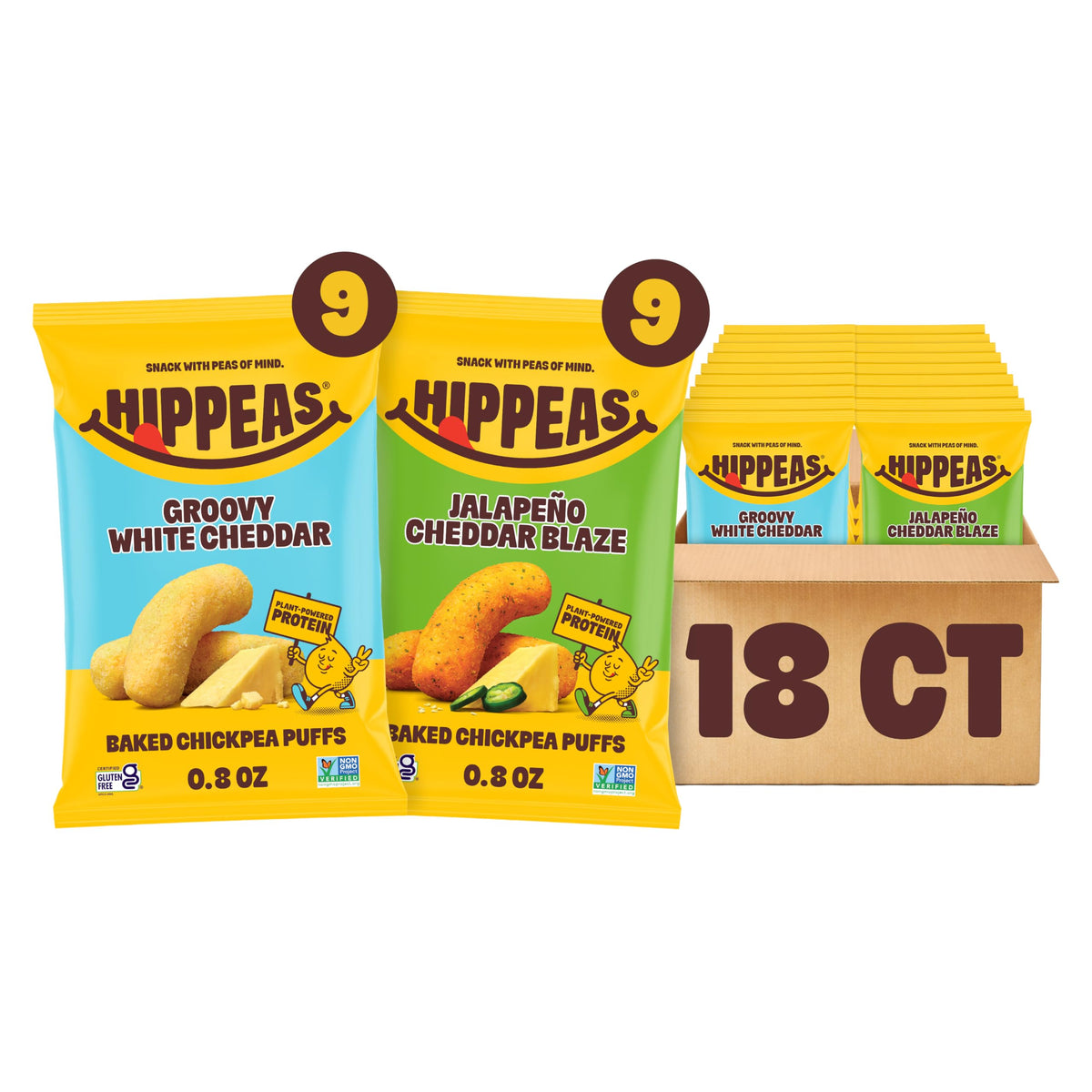 Hippeas White Cheddar puff bag close-up, protein-rich vegan snack for on-the-go.