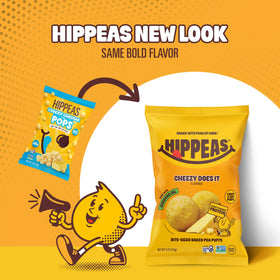 Hippeas Cheezy Cheddar Pops gluten-free and vegan badge on the bag.
