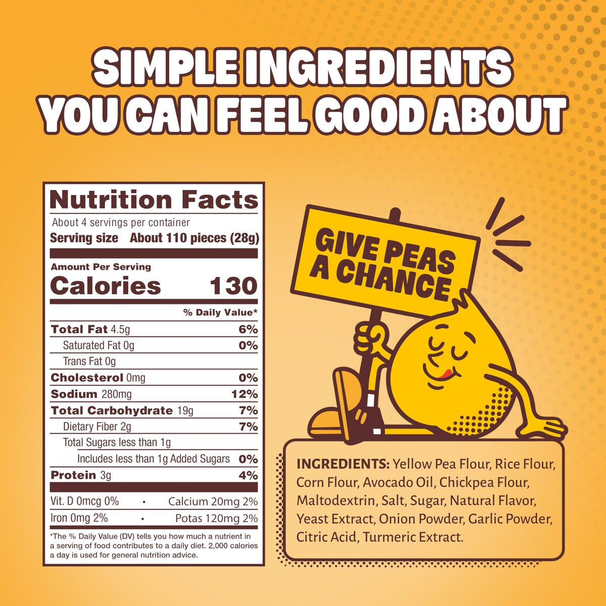 Hippeas Cheezy Cheddar Pops bag back with nutrition and ingredient details.