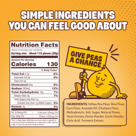 Hippeas Cheezy Cheddar Pops bag back with nutrition and ingredient details.