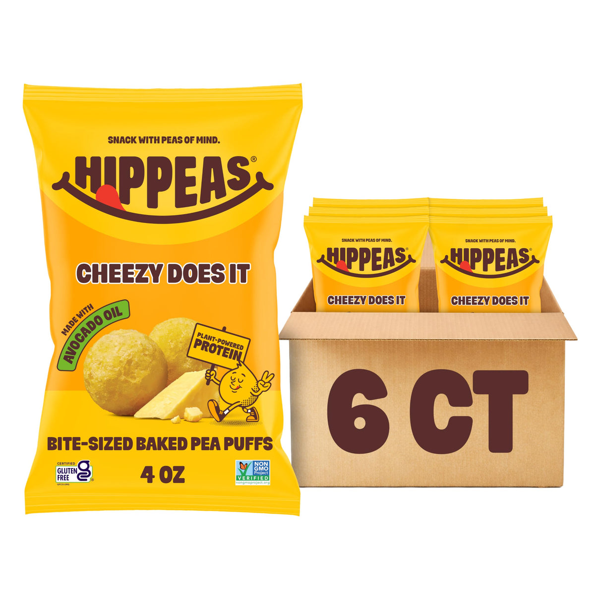 Hippeas Cheezy Cheddar Pops bag front, vegan and gluten-free crunch perfect for on the go.