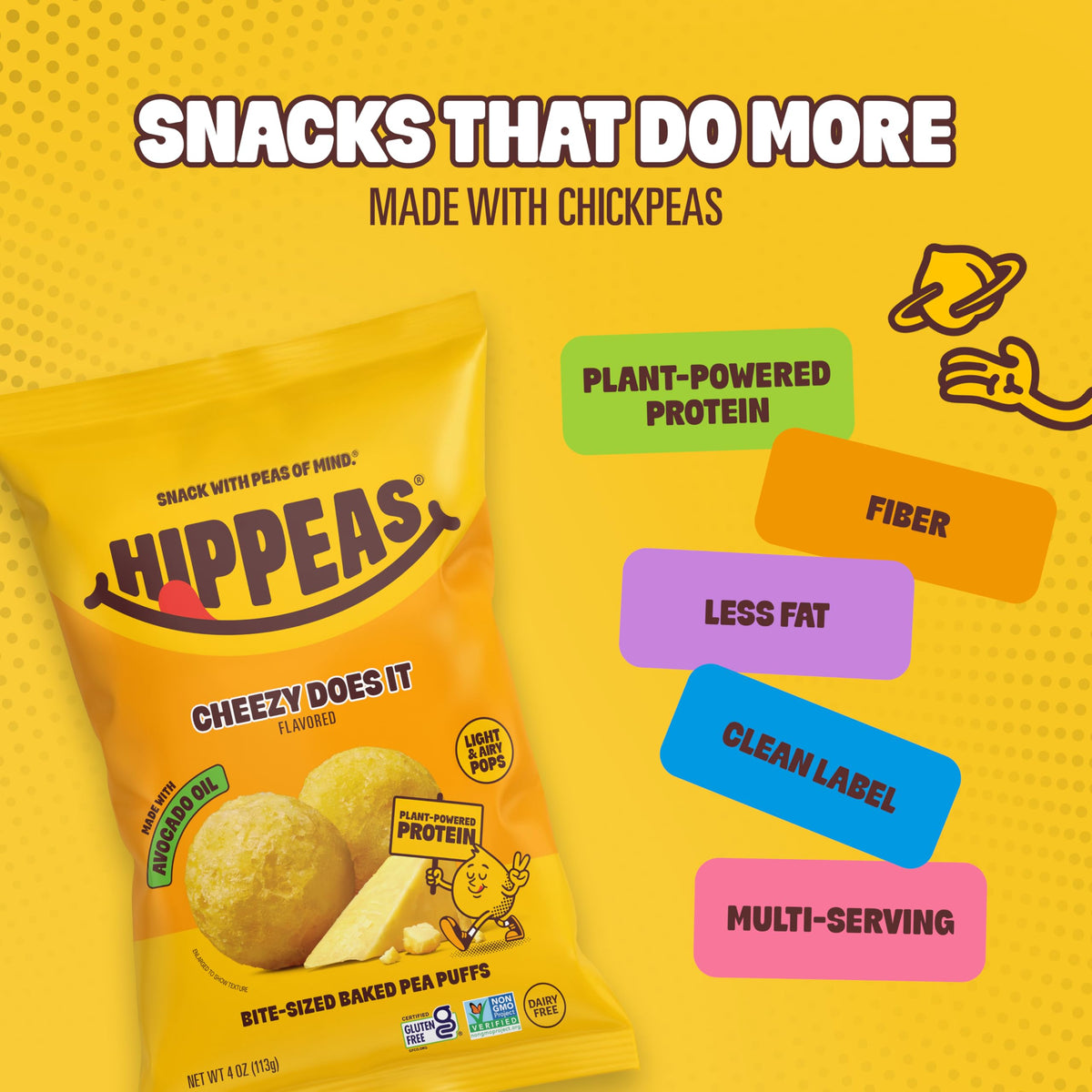 Hippeas Cheezy Cheddar Pops close-up puff texture and seasoning.