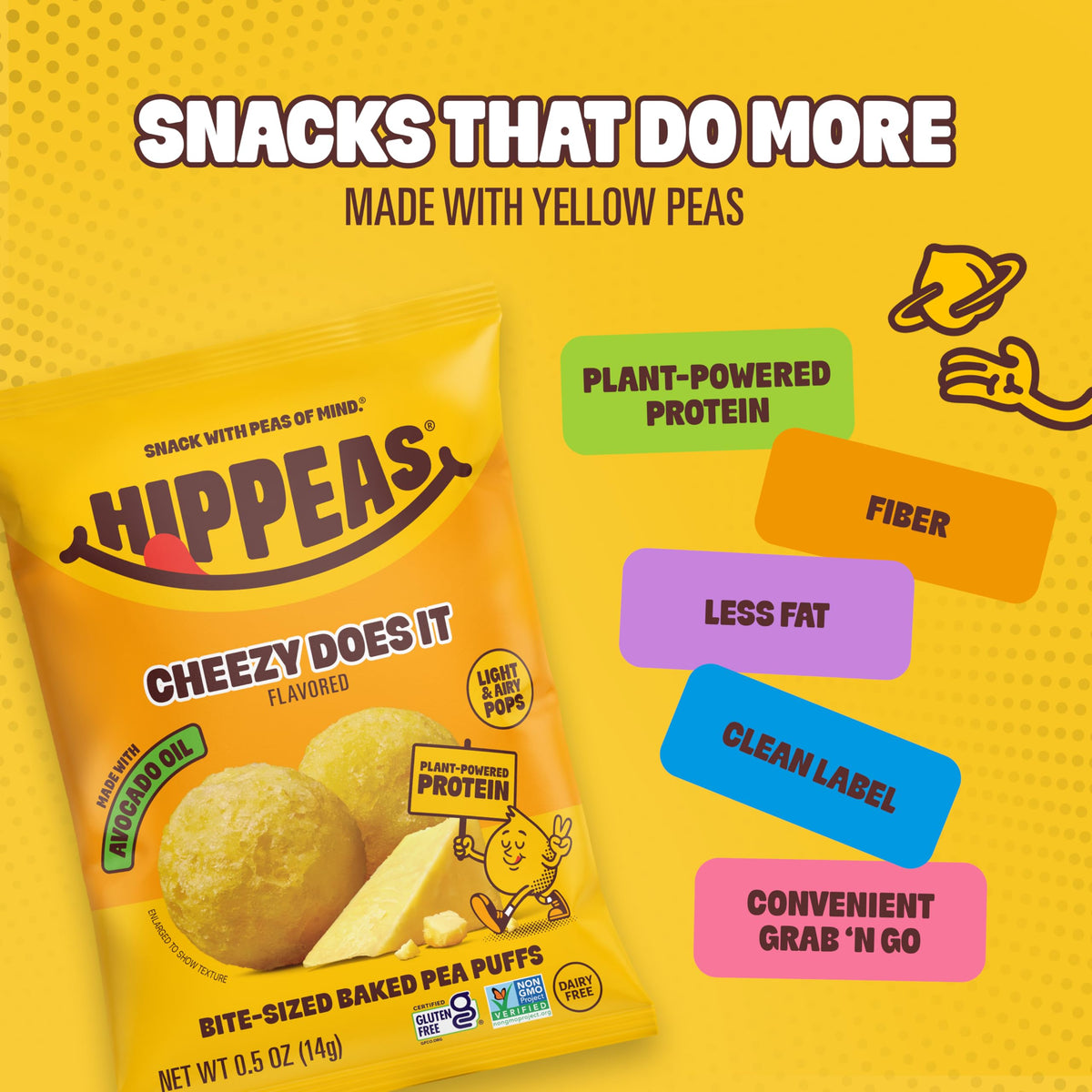 HIPPEAS Cheezy Cheddar Pops hand-snacking demonstrates quick satisfying bite.