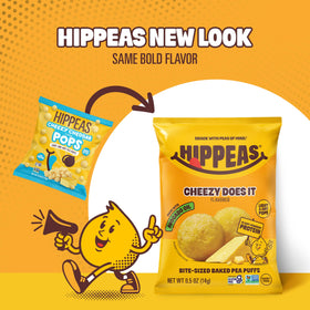 HIPPEAS Cheezy Cheddar Pops nutrition-facts label hints protein and fiber content.