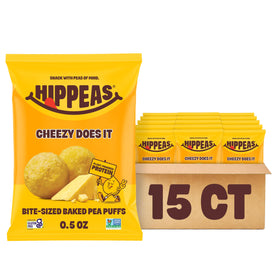 HIPPEAS Cheezy Cheddar Pops pack 15 front view for convenient on-the-go snacking.