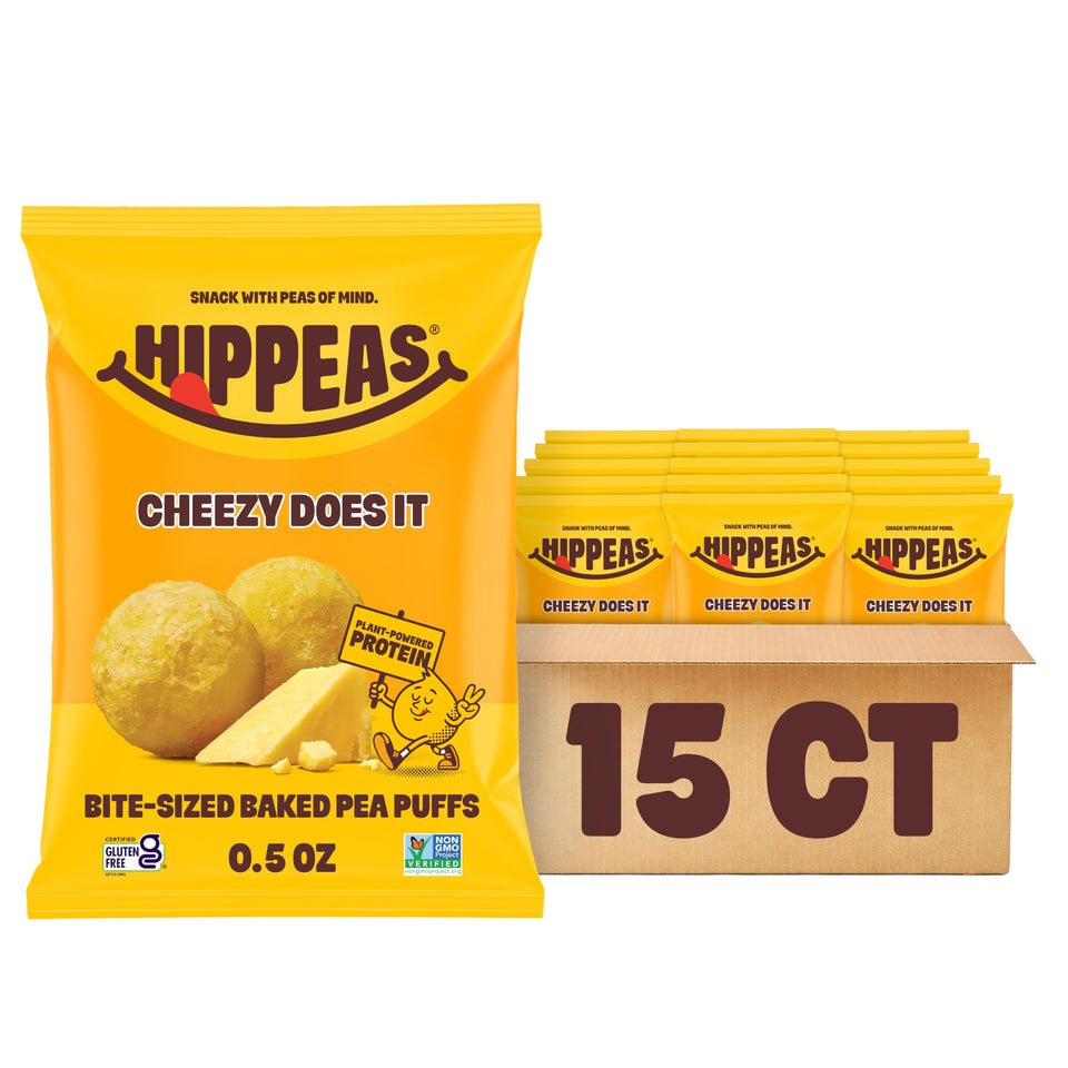 HIPPEAS Cheezy Cheddar Pops pack 15 front view for convenient on-the-go snacking.