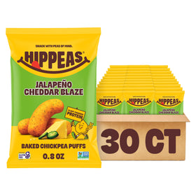 HIPPEAS Cheezy Vibes jalapeño cheddar bag front highlights plant-based snacking