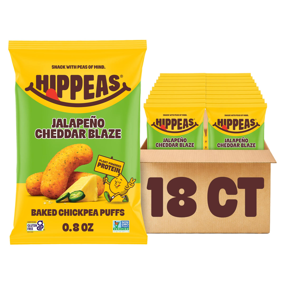 HIPPEAS Cheezy Vibes puffs in a bag showing crave-worthy crunch for on-the-go snacking.
