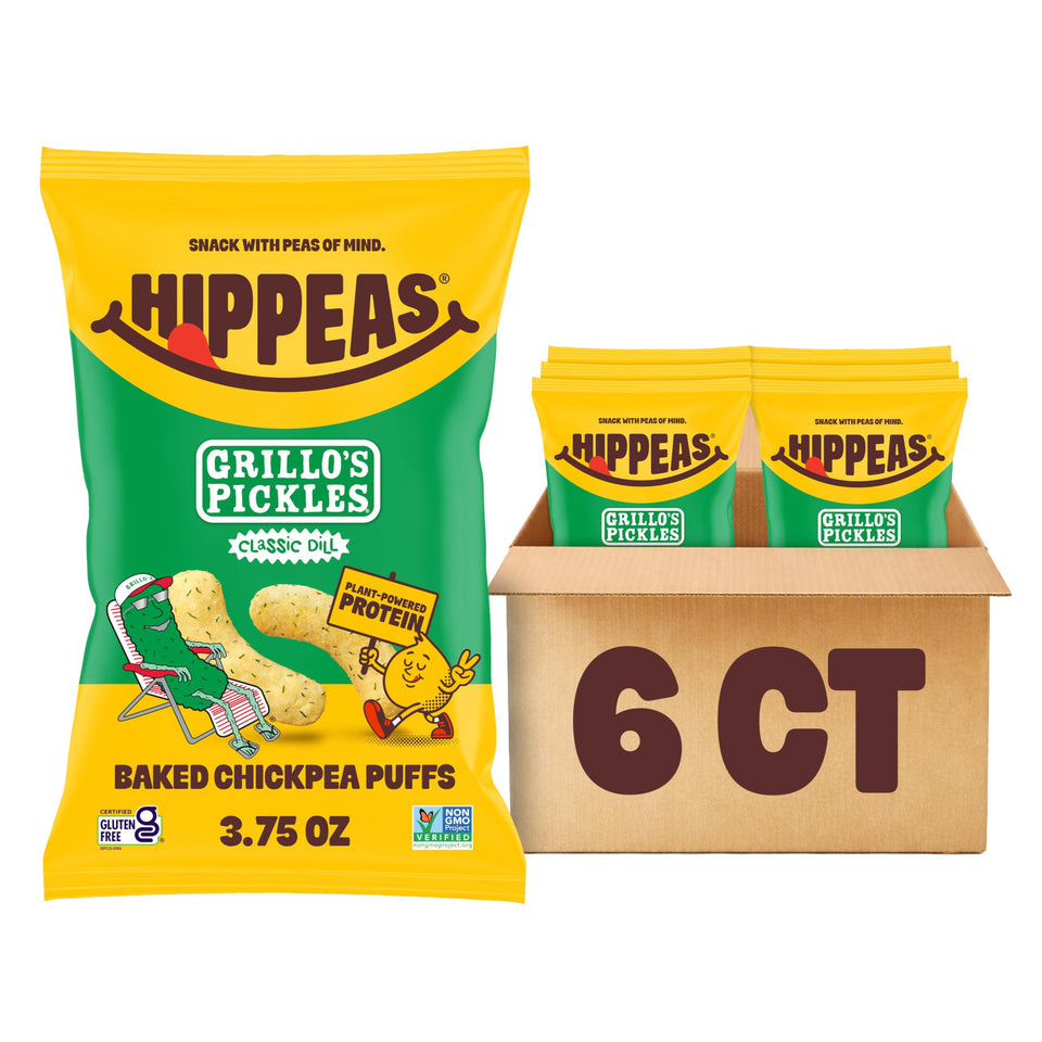 Hippeas Chickpea Puffs Dill Pickle bag, crisp and savory snack for anytime