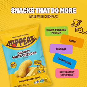 HIPPEAS Chickpea Puffs in a bowl with dips, ideal party snack