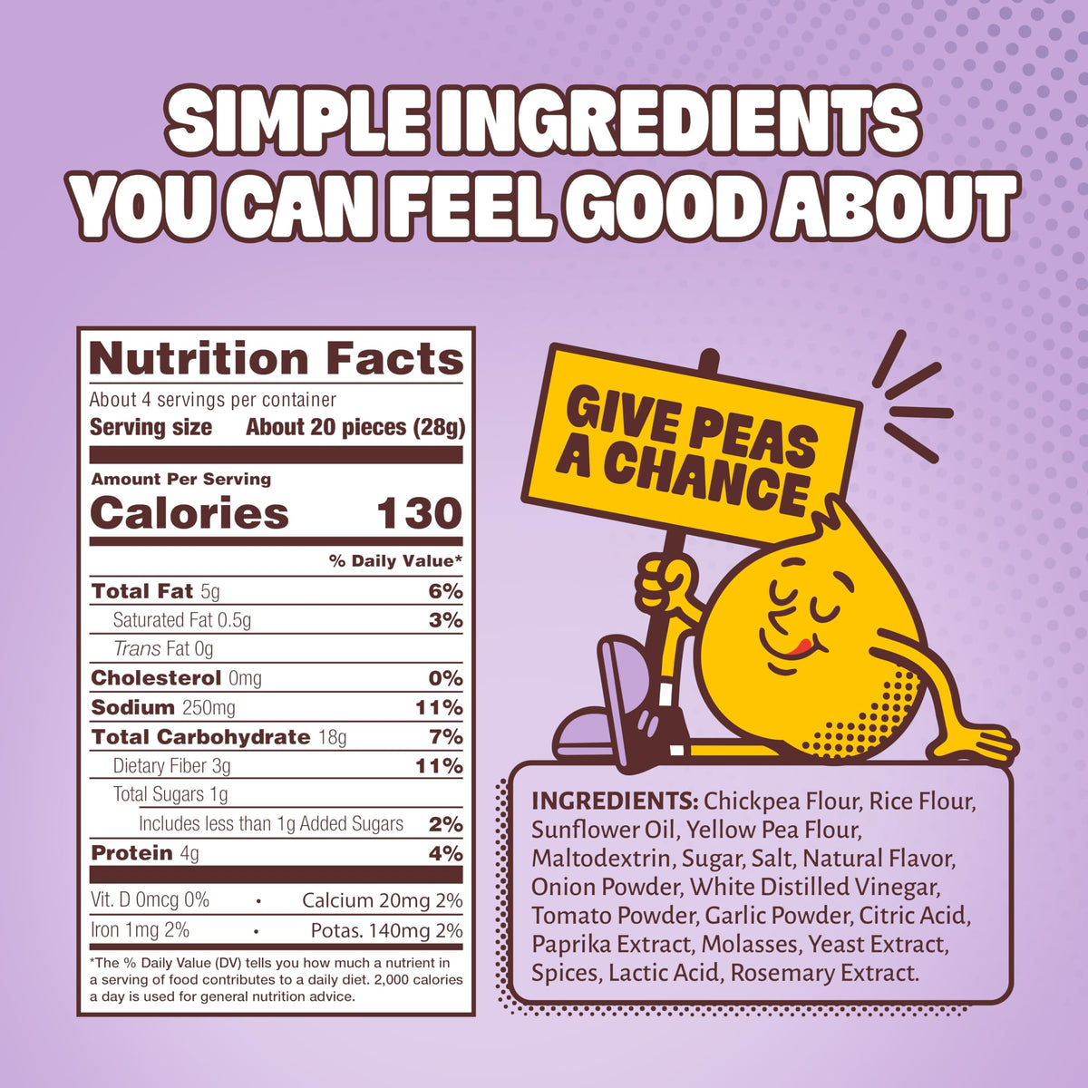 Sustainable chickpea and yellow-pea ingredients support simple snacking.