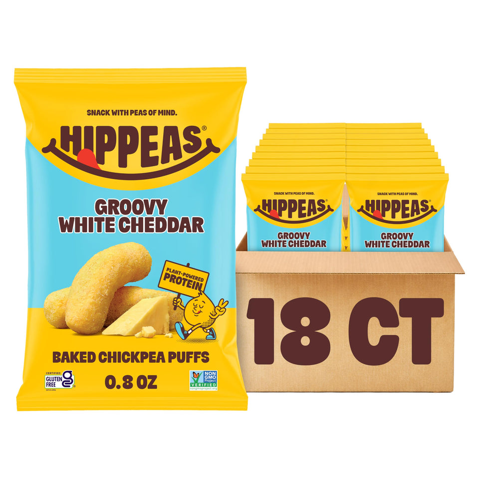HIPPEAS Groovy White Cheddar chickpea puffs in a bag, perfect for on-the-go snacking.