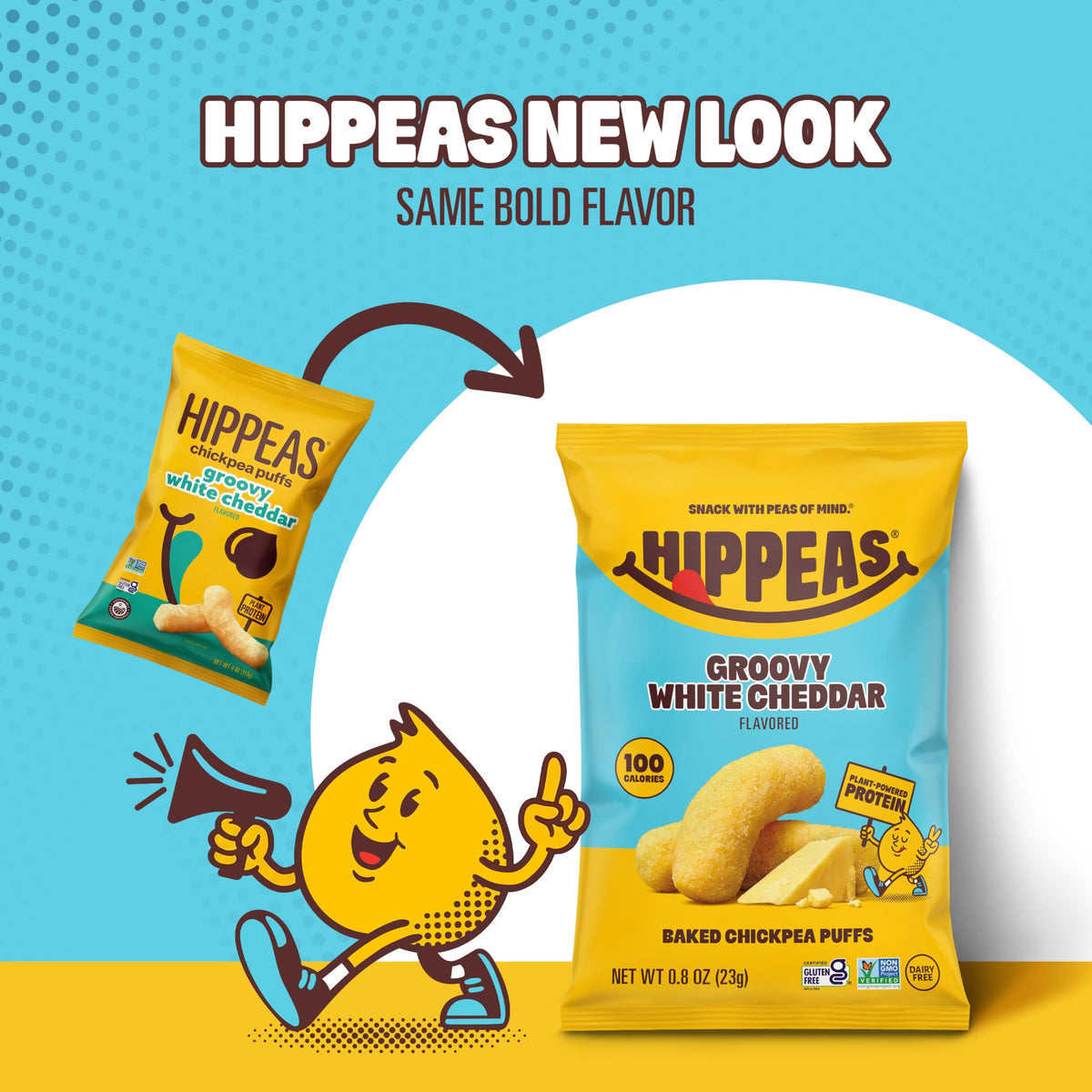 HIPPEAS Groovy White Cheddar puffs package highlights vegan and gluten-free appeal.