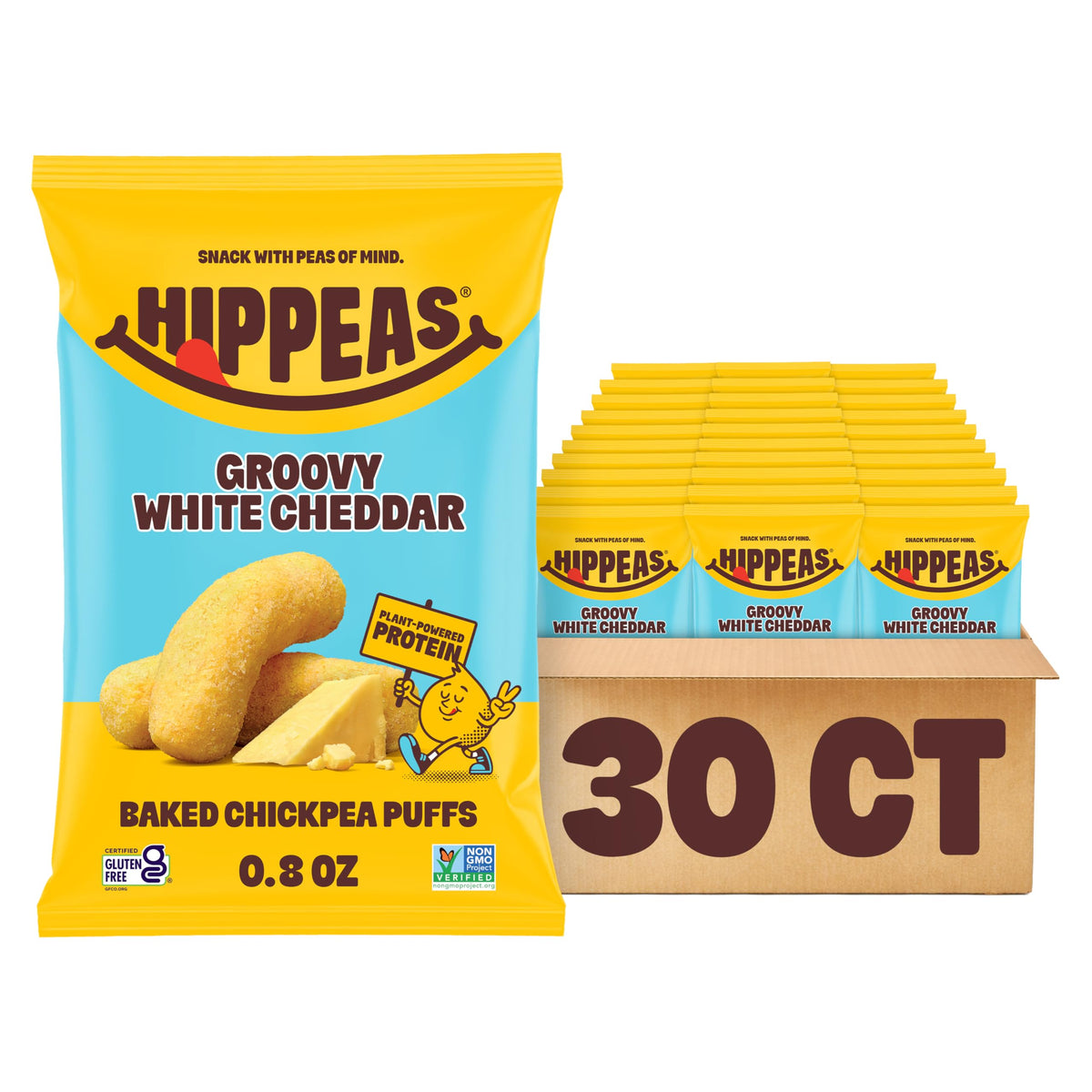 HIPPEAS Chickpea Puffs Groovy White Cheddar bag, gluten-free and dairy-free snack