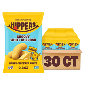 HIPPEAS Chickpea Puffs Groovy White Cheddar bag, gluten-free and dairy-free snack