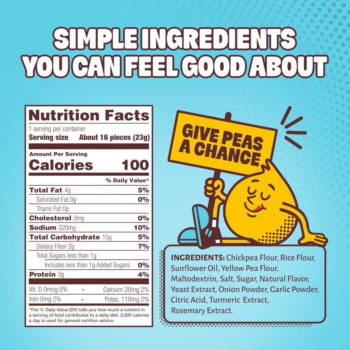 HIPPEAS Chickpea Puffs label shows 3 g protein and 2 g fiber