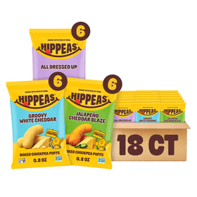 Hippeas Chickpea Puffs Variety Pack front view, a crunchy vegan snack for on-the-go enjoyment.