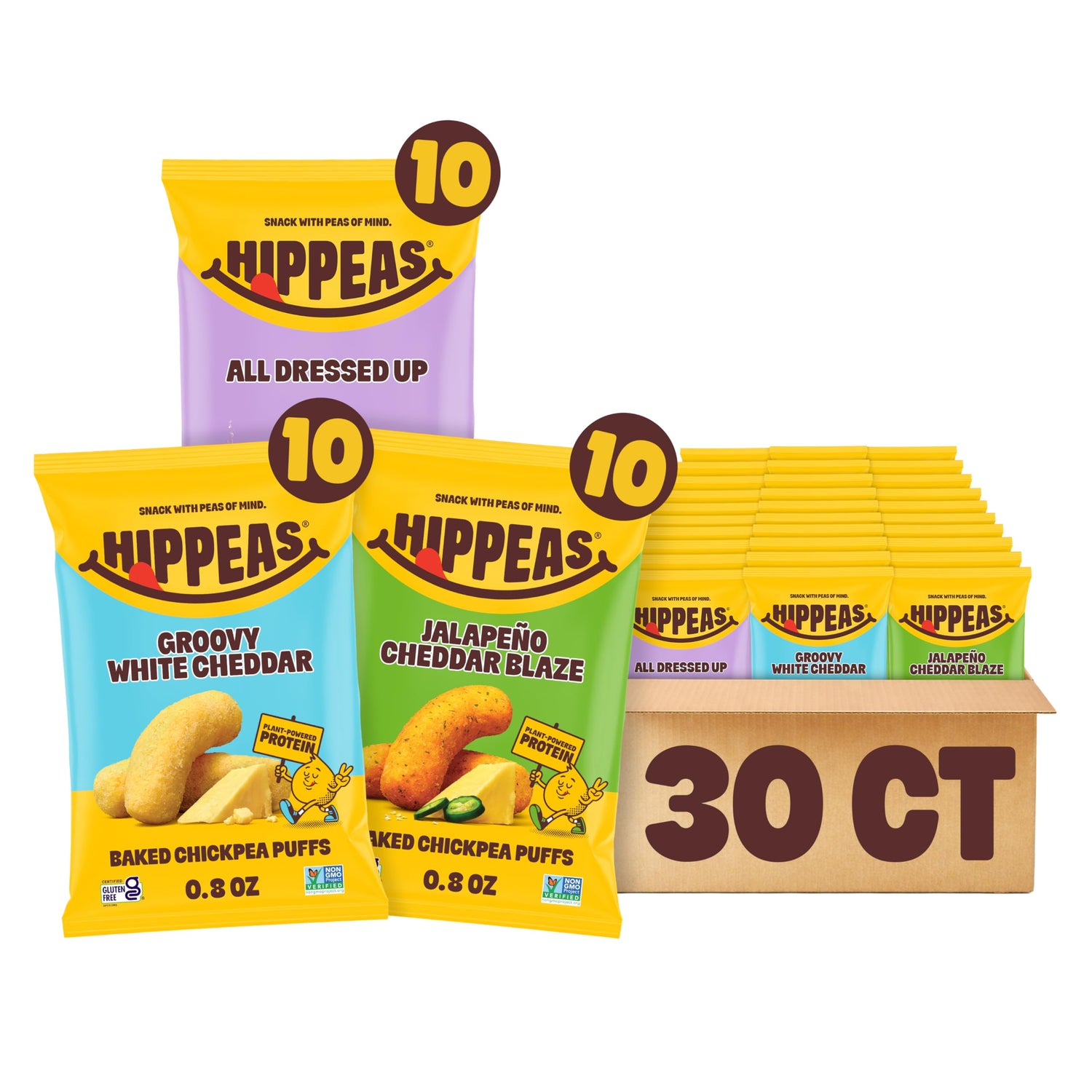 HIPPEAS Chickpea Puffs Variety Pack front view for quick plant-based snacking