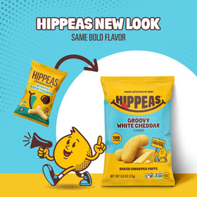 Hippeas White Cheddar bag shows savory crunch and plant-based protein appeal.
