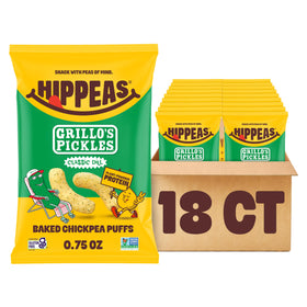 HIPPEAS Grillo's Dill Pickle puffs in bag show a crunchy plant snack for on-the-go