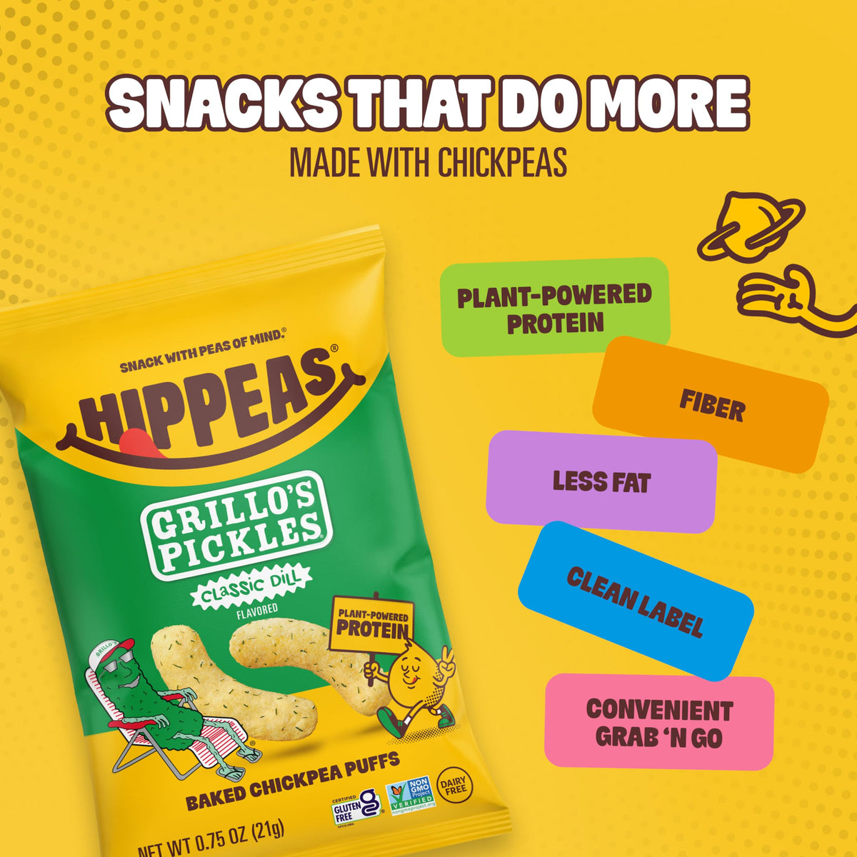On-the-go HIPPEAS Dill Pickle puffs pack front for travel snacking